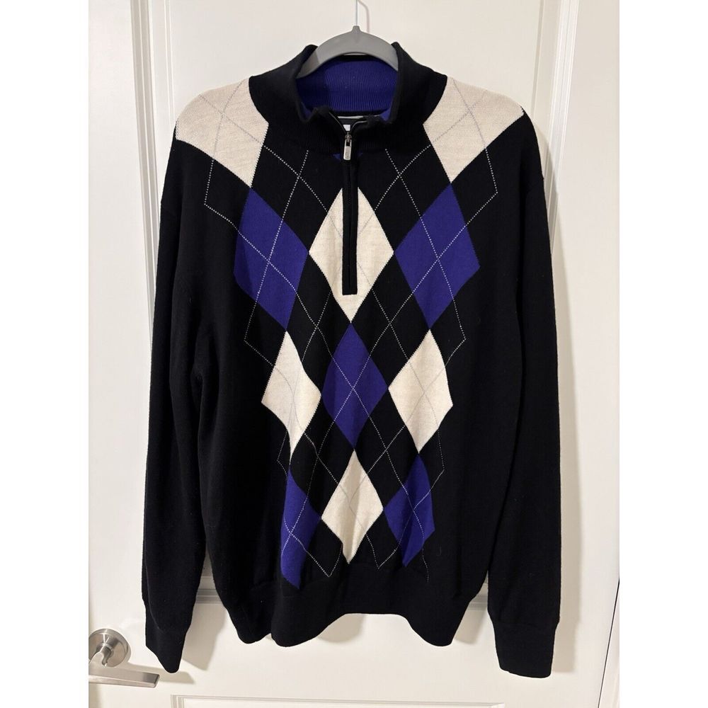 FootJoy‎ Sweater Mens Large Gray Argyle Diamond Wool Golf Lined 1/4 Quarter Zip